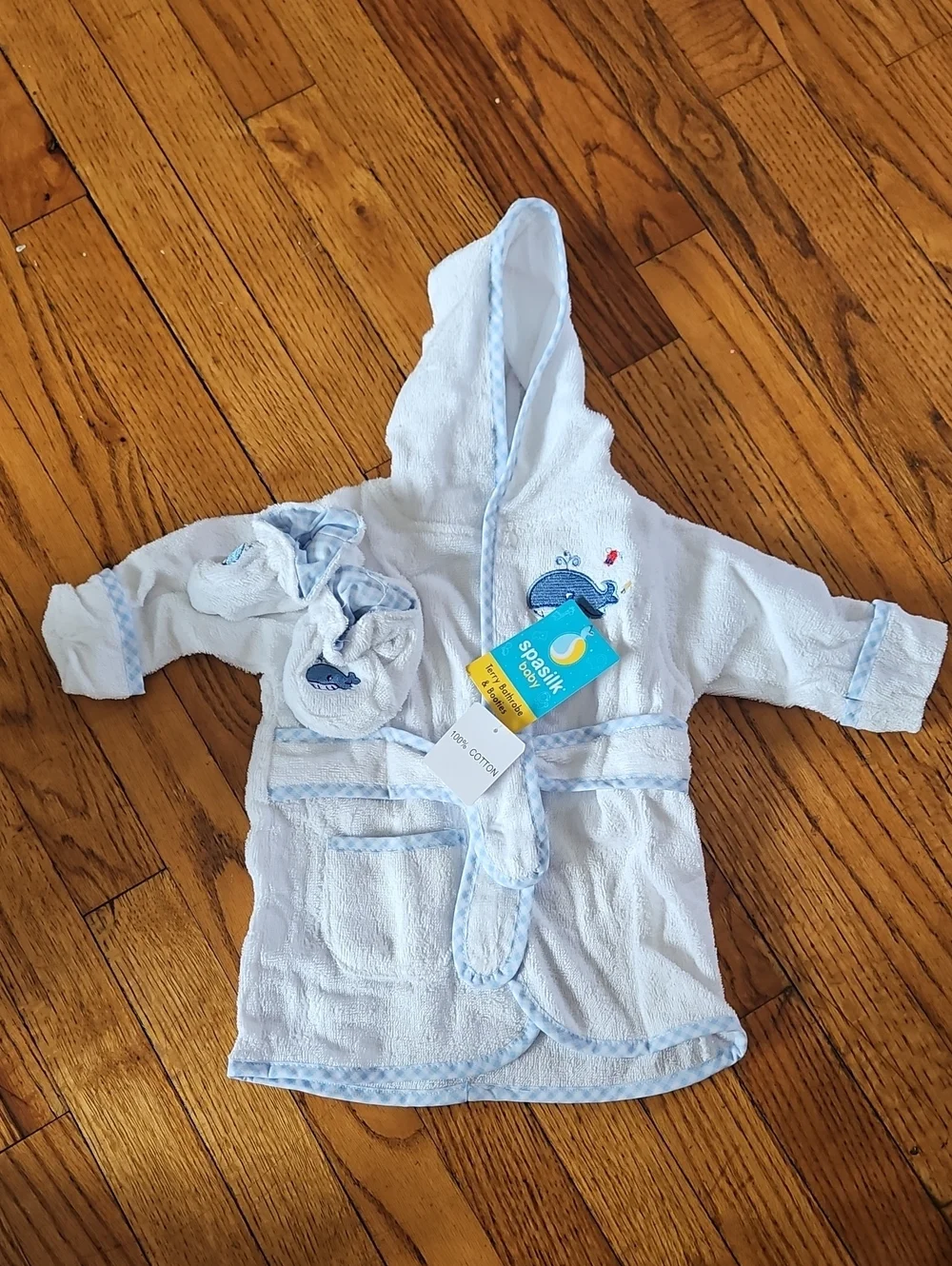 Baby Hooded Towel Robe with Whale Embroidery - Light Blue